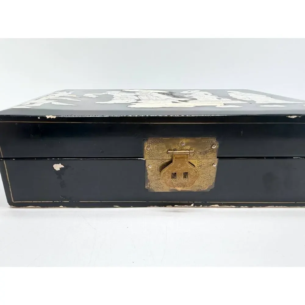 Asian Black Lacquer Jewelry Box Mother of Pearl Inlay Red Velvet 2.35 lb
